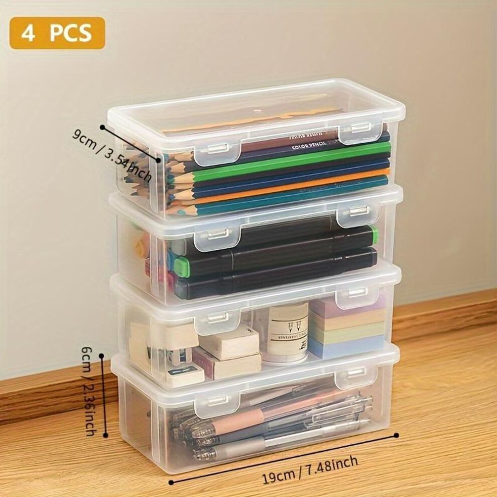 (4pcs) 4pcs Plastic Clear Storage Box, Desktop Pen Pencil Marker Box, Flip Organizer With Hinged Lid, Back To School Supplies, Office Storage Box