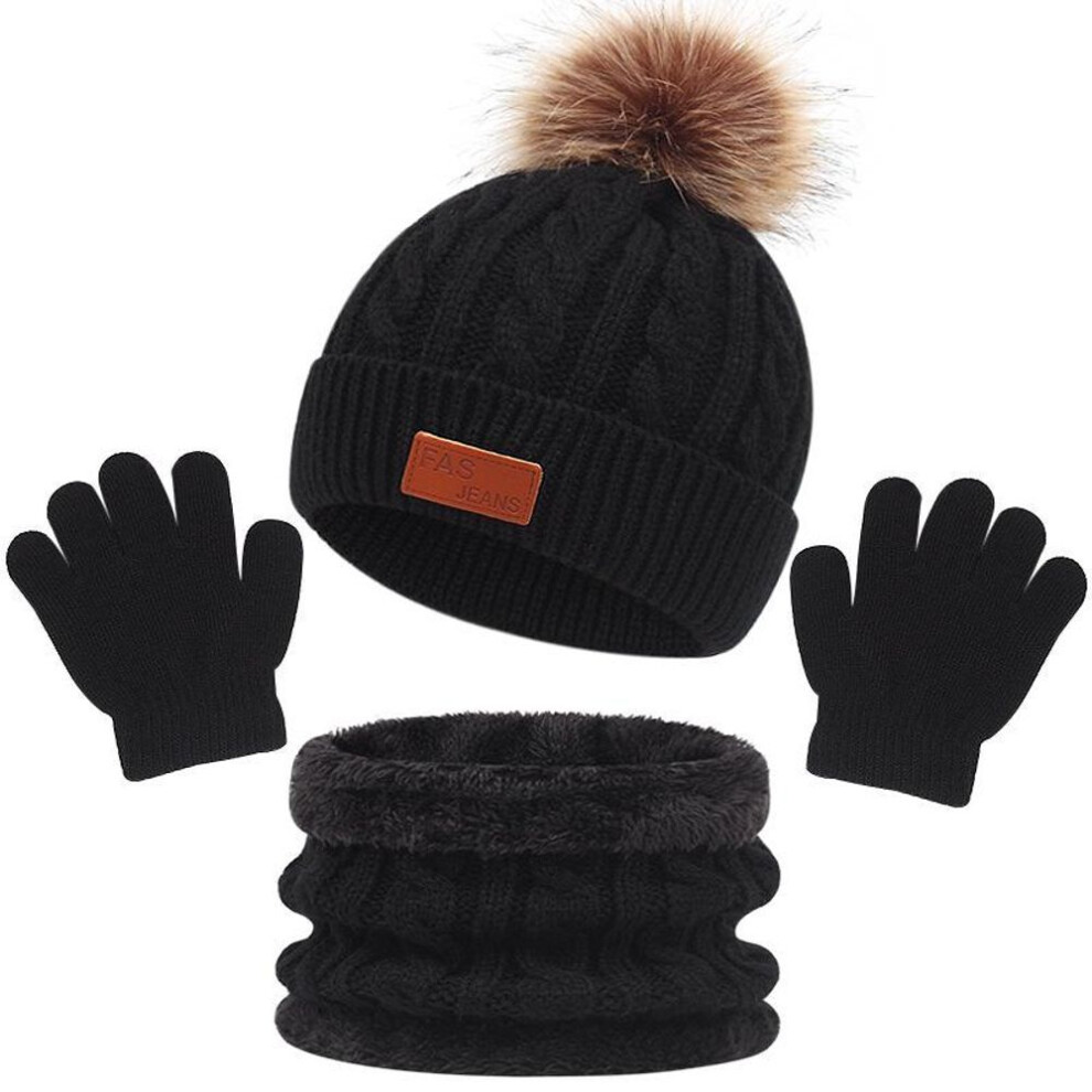 (black) Fur Ball Baby Winter Hat Scarf Gloves Set 3PCS Knitted Kids Beanie Baby Caps Toddler Accessories Infant Bonnet Hats for 1-5Y