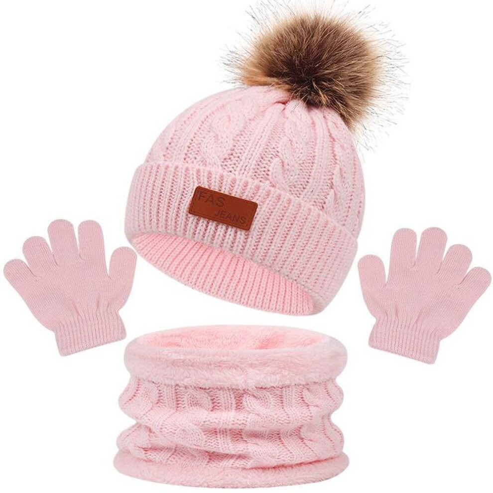 (pink) Fur Ball Baby Winter Hat Scarf Gloves Set 3pcs Knitted Kids Beanie Baby Caps Toddler Accessories Infant Bonnet Hats For 1-5y