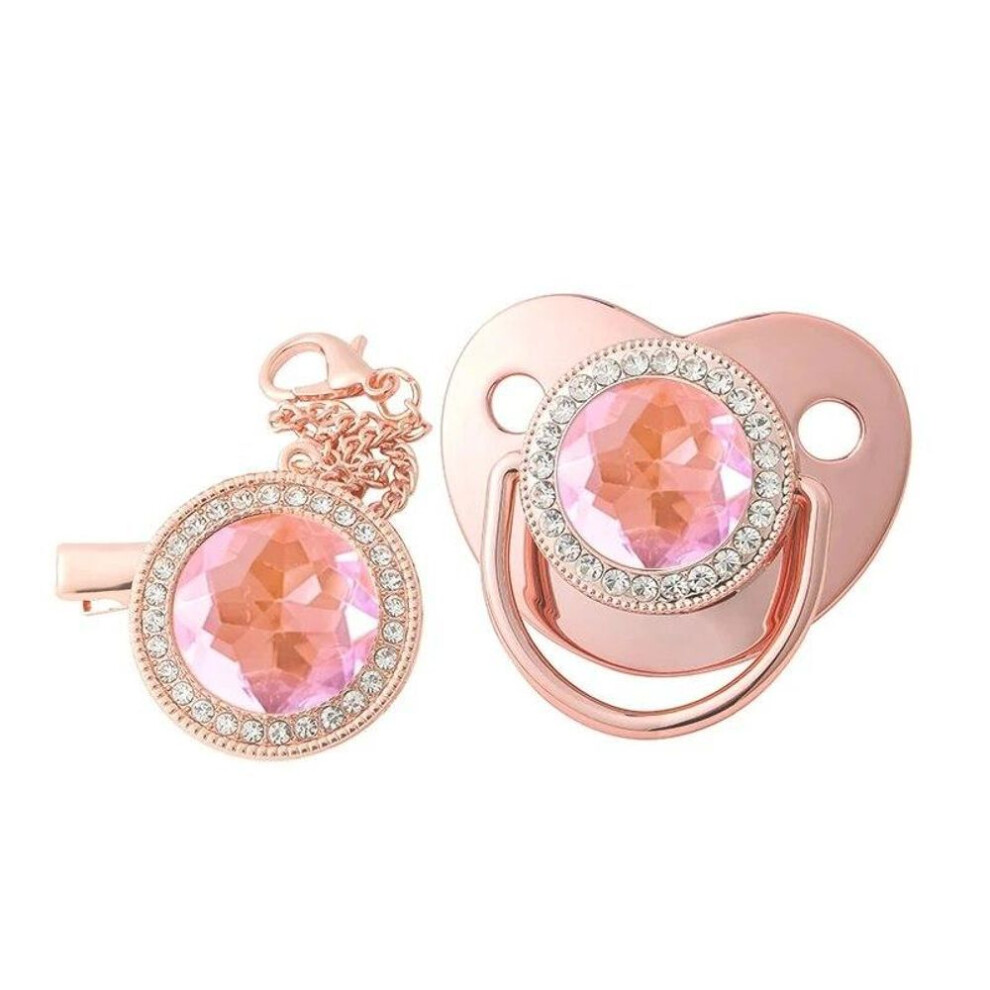 (pink) Big Rhinestones Baby Pacifier Chain Clip Lid Set Colorful Luxury Silicone Pacifier Teether Dummy Nipple Newborn Shower Gift