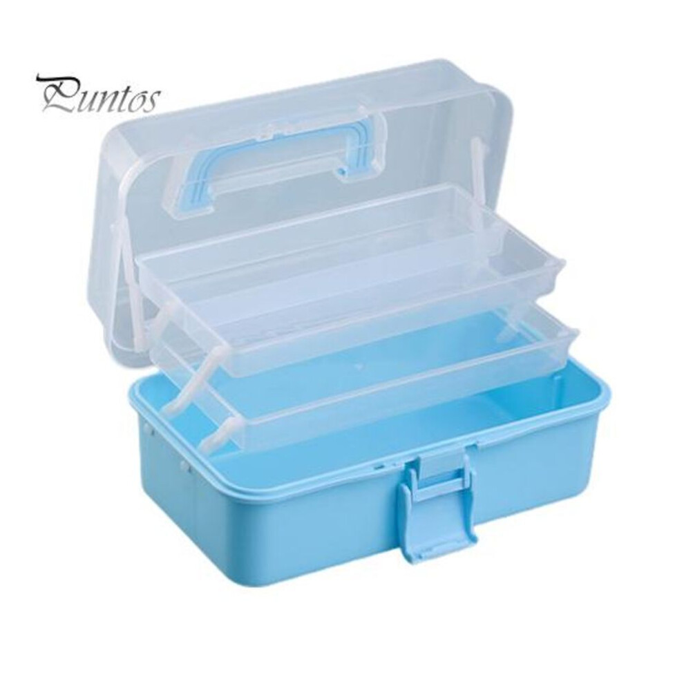 (blue) Multi-layer Folding Organizer Box With Handle Large Capacity Paint Brush Sewing Supplies Sundries Storage Case