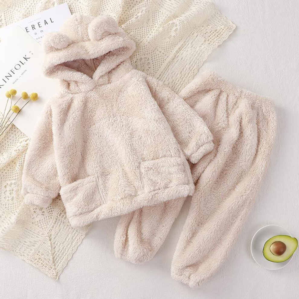 (beige, 90cm) Autumn Winter Baby Clothes Set Warm Fleece Hooded Pullover Pants Kids Boys Sets Clothing Home Leisure Wear Toddler Girl Outfit