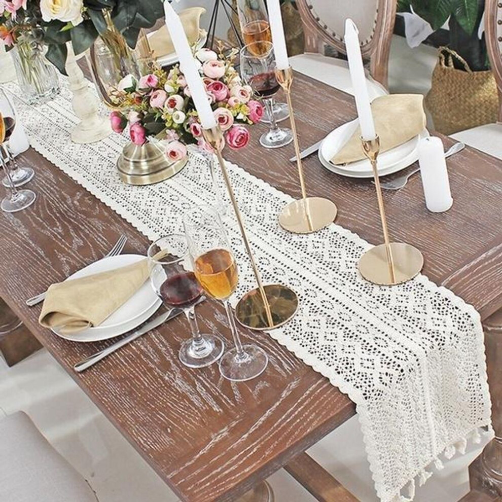 (24cm by 220cm) Nordic Crochet Lace Table Runner With Tassel Hollow Tablecloth Romance Wedding Party Table Cover