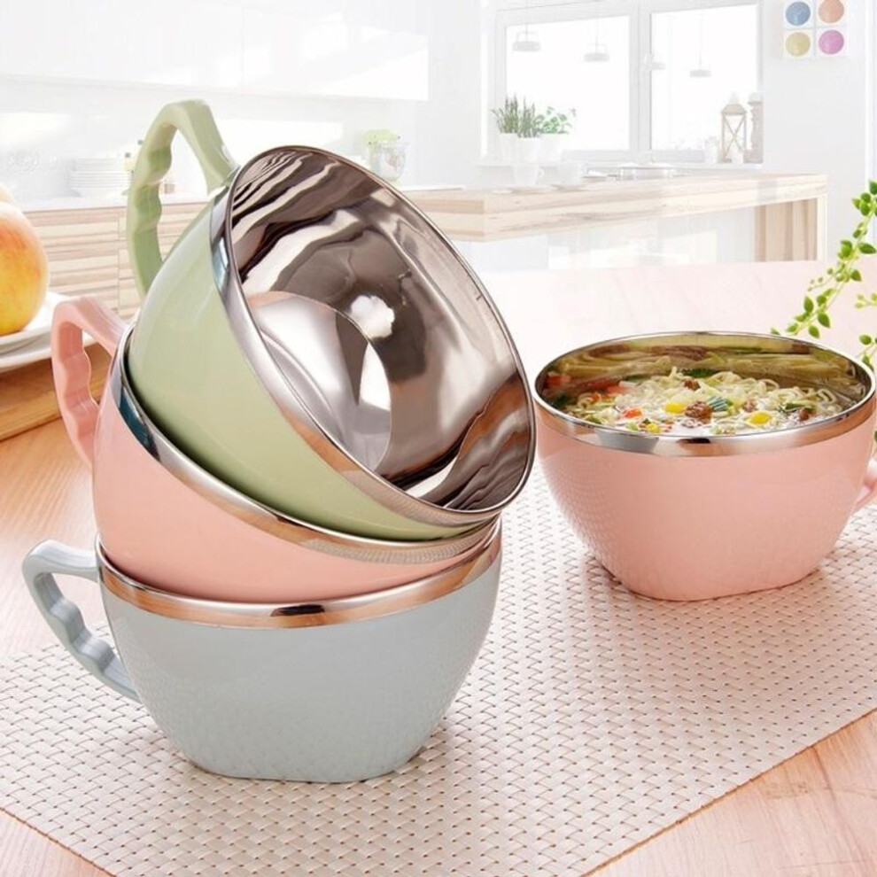 (pink) 1pc Solid Stainless Steel Noodle Bowl With Handle Food Container Rice Bowl Soup Bowls Instant Noodle