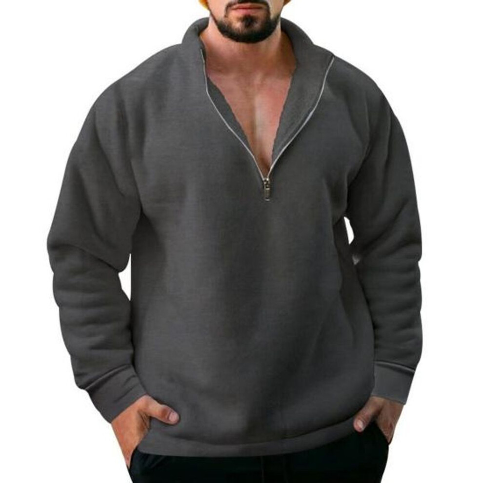 (dark gray, L) Men Half Zipper Fleece Sweater Top Solid Color Windproof Autumn Winter Long-sleeved Lapel Sweatshirt