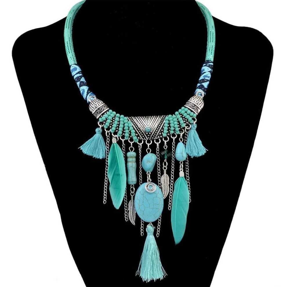 (green) Ethnic Vintage Boho Tassel Necklaces For Women Feather Beads Necklace Bohemian Party Jewelry Gift