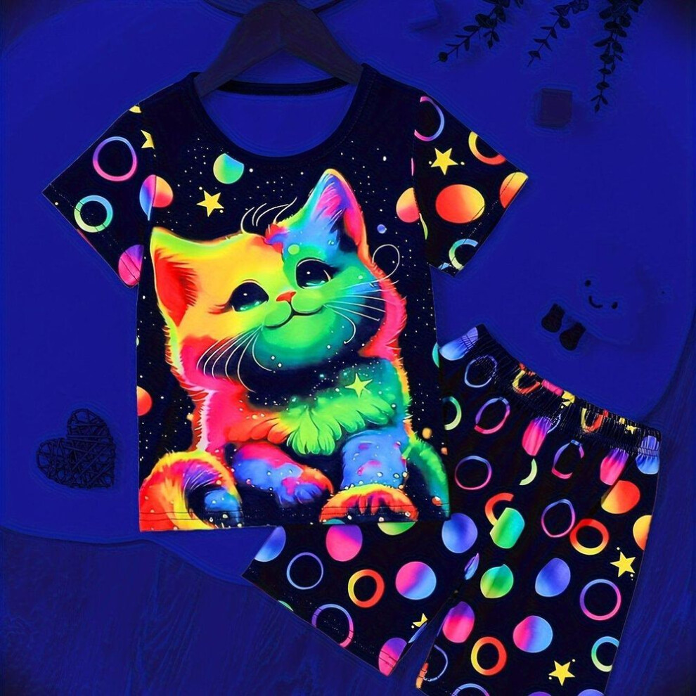 (as the picture, 150) 2 Pcs Girls Cute Pajama Sets, Fluorescent Colorful Cat Print Short Shirts & Shorts, Comfortable & Cute Style Princess Pajamas