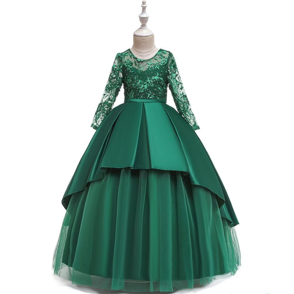(dark green, 170 (13T-14T)) Christmas Long Sleeve Satin Wedding Princess Girls Dress Elegant Evening White Bridemaids Prom Gown