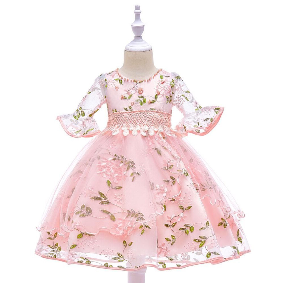 (pink, 130) Girl Half Sleeves Embroidery Flower Party Dress Children Girl Elegant Princess Dress
