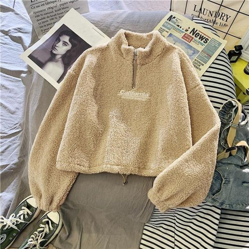 (XXL, khaki) Autumn Winter Warm Cashmere Sweatshirt Women&apos;s Fashion Plush Loose Letter Korean Short Jacket Sweatshirt
