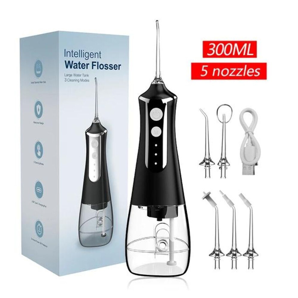 (black) Dental Oral Irrigator Water Flosser Thread Teeth Pick Mouth Washing Machine 5 Nozzels 3 Modes USB Rechargeable 300ml Tank