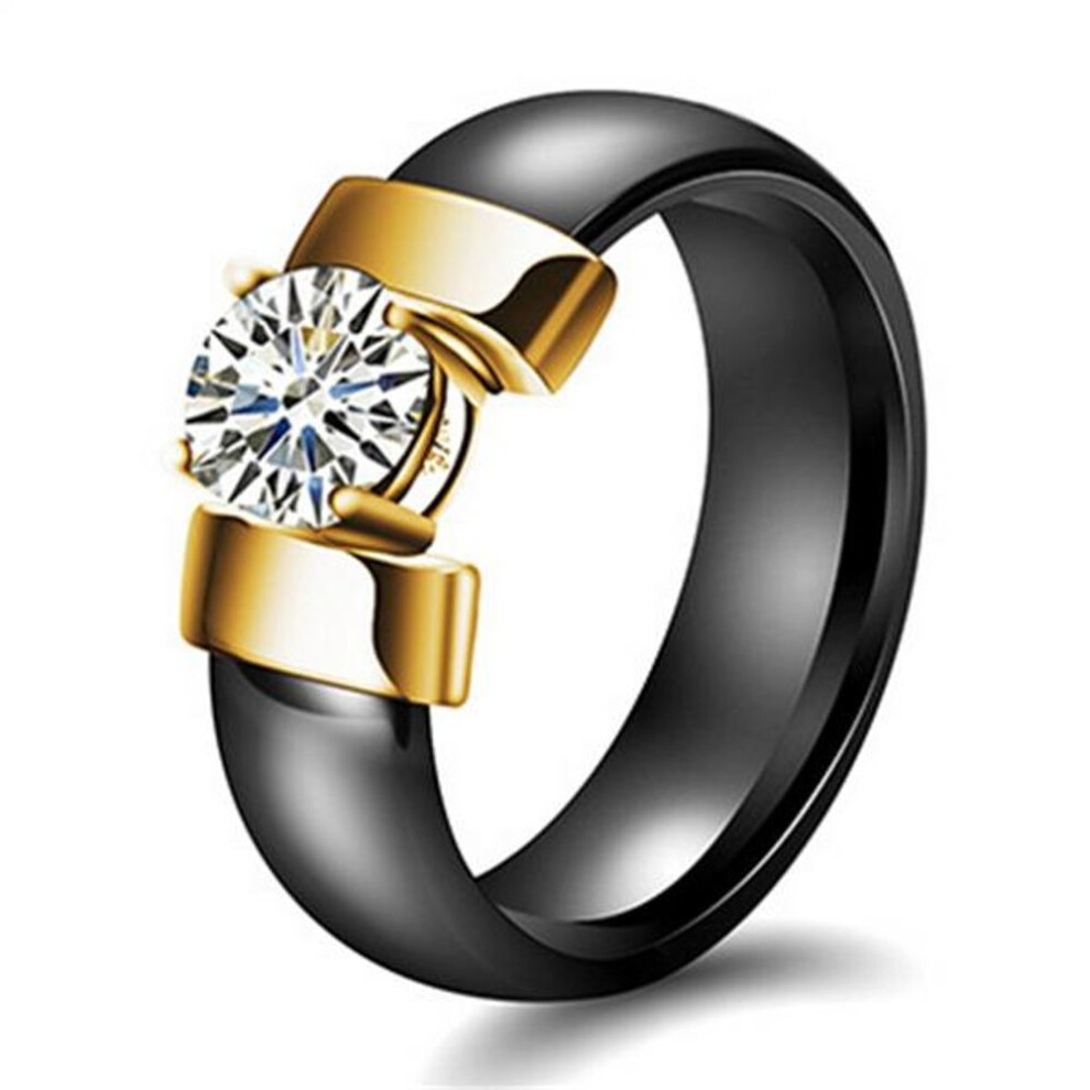 (black, 8) Luxury Black White Ceramic Ring Crystal Titanium Steel Jewelry Gifts For Couple