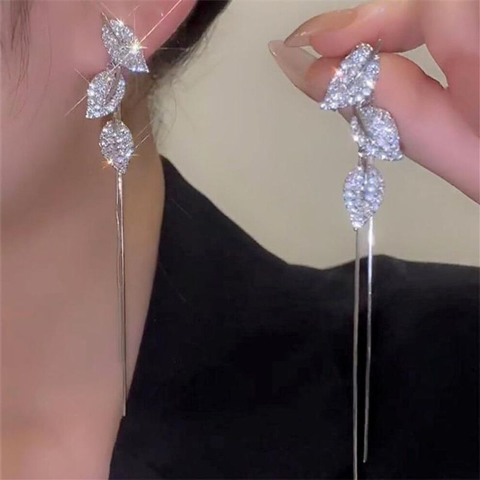 (silver) Fashion Glamour Elegant Glitter Leaf Tassel Earrings For Women Girls Jewelry Party Gifts