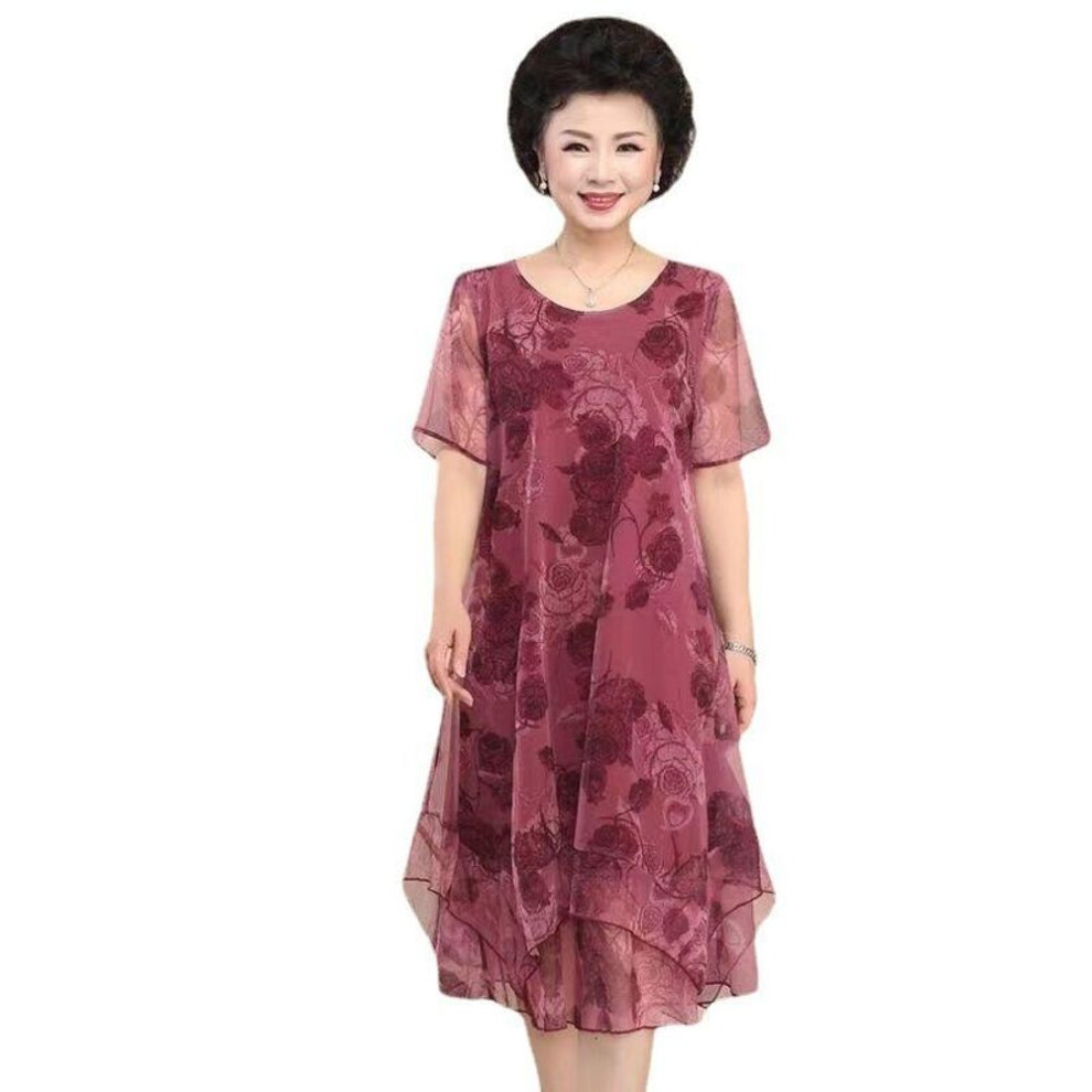 (burgundy, XL) Women&apos;s Short Sleeve Round Neck Loose Plus Size Midi Dress