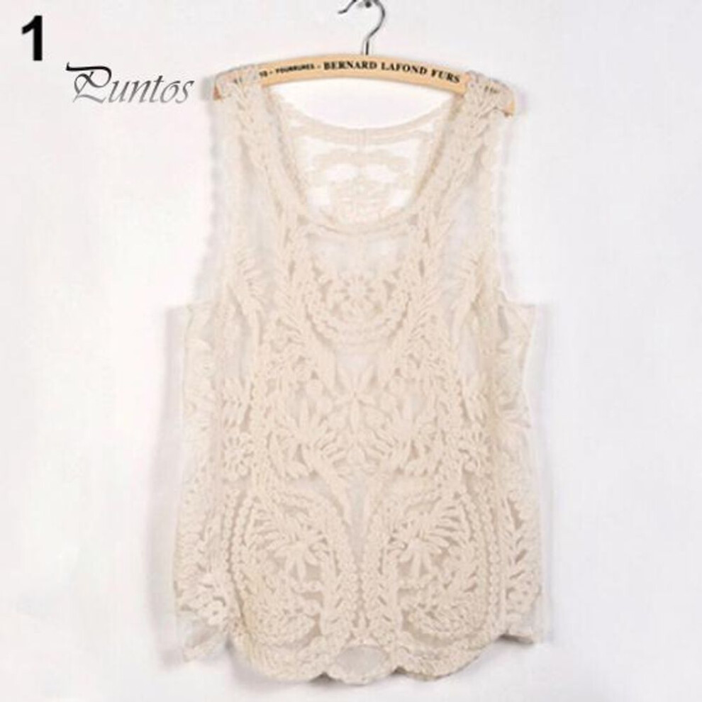 (XL, beige) Women&apos;s Sleeveless Lace Tank Top Sexy Embroidery Hollow-out Floral Crochet Shirt