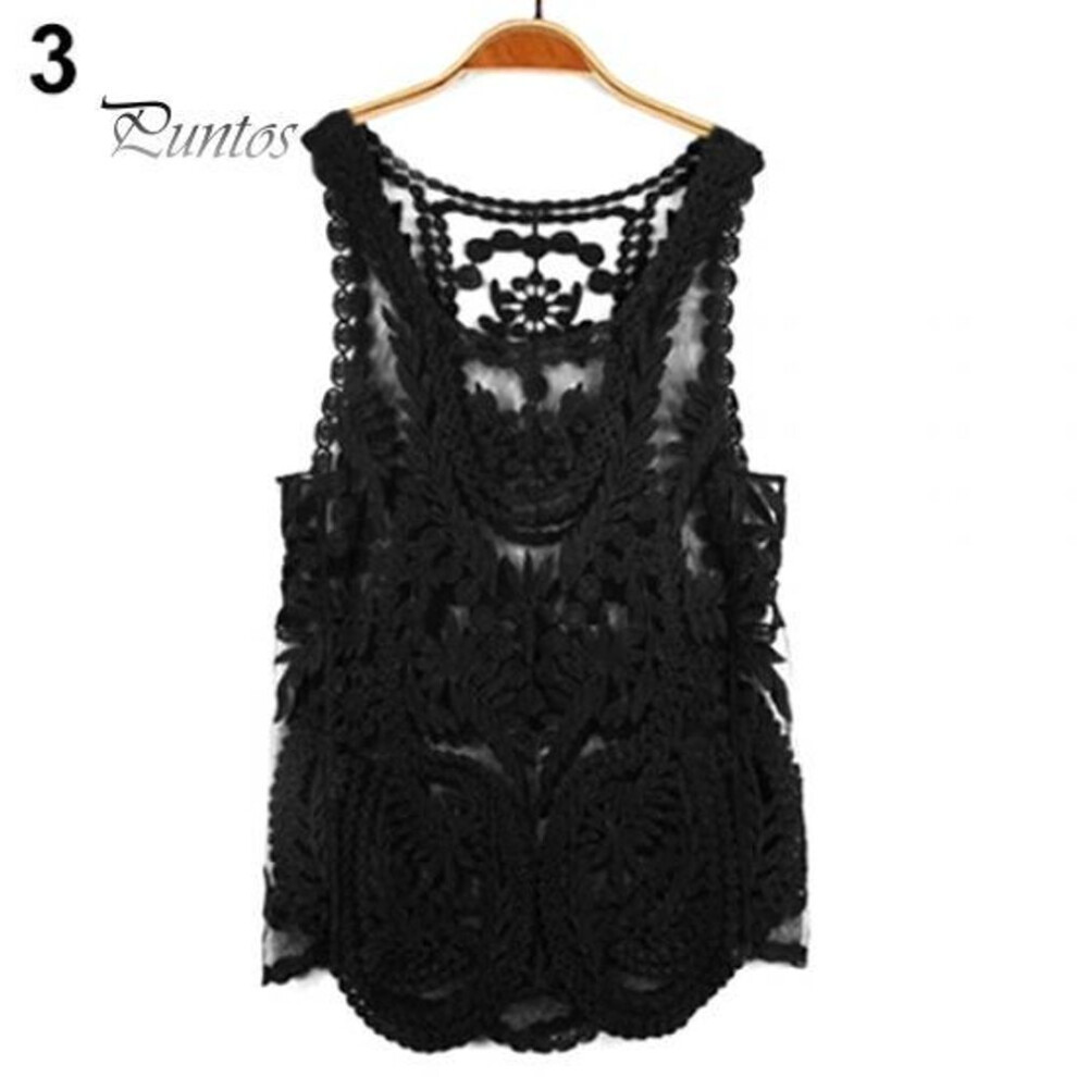 (XL, black) Women&apos;s Sleeveless Lace Tank Top Sexy Embroidery Hollow-out Floral Crochet Shirt