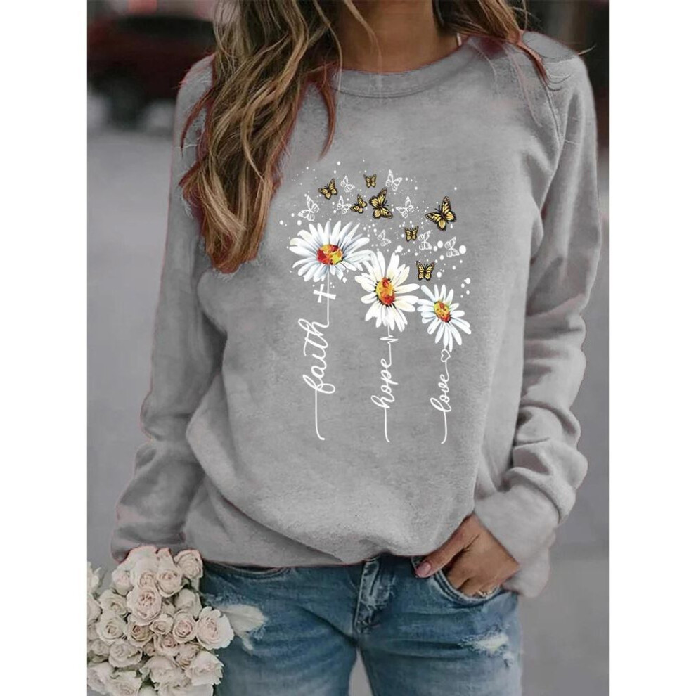 (L, grey) Winter Women&apos;s Daisy Printed Tops T-shirt Ladies Round Neck Long Sleeve Casual Sweatshirt Plus Size Blouse