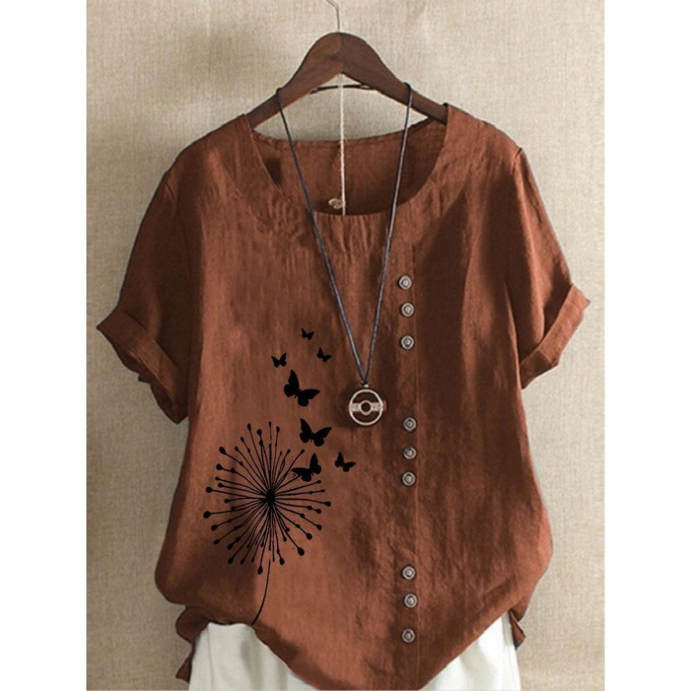 (5XL, coffee) Women's Dandelion Print Casual T-shirt XS-5XL