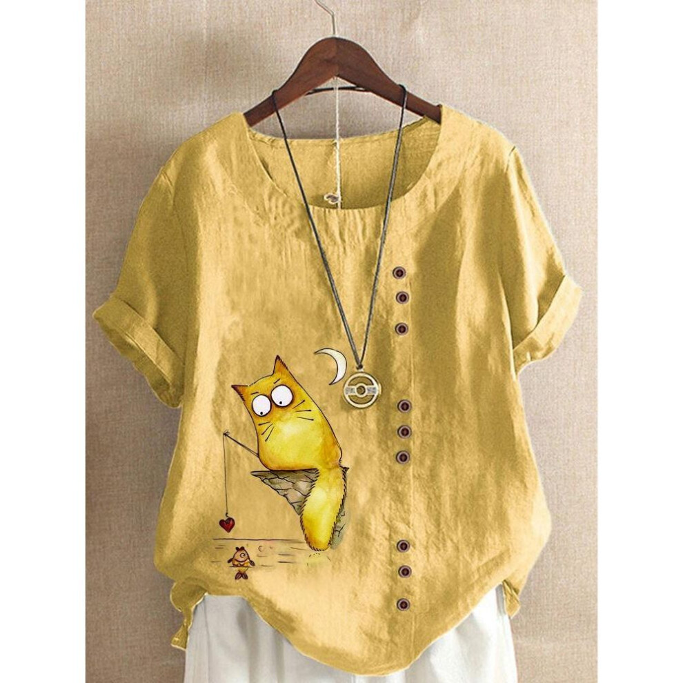 (2XL, yellow) Women&apos;s Linen Shirt Round Neck Short Sleeve Cartoon Cats Printed T-shirt Summer Ladies Casual Plus Size Blouse Tops