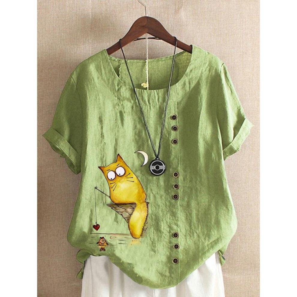 (5XL, green) Women&apos;s Linen Shirt Round Neck Short Sleeve Cartoon Cats Printed T-shirt Summer Ladies Casual Plus Size Blouse Tops