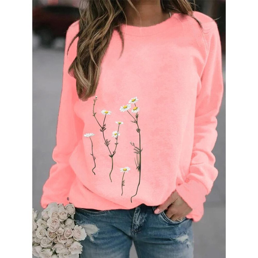 (S, pink) Women Winter Clothing Floral Printed Casual Sweatshirt Long Sleeve Tops T-shirt Ladies Round Neck Pullover Sweater