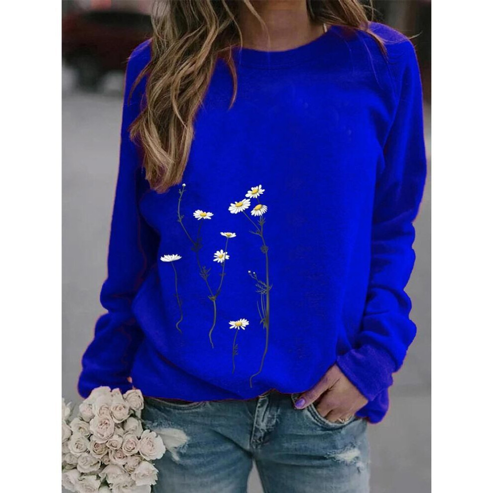 (2XL, blue) Women Winter Clothing Floral Printed Casual Sweatshirt Long Sleeve Tops T-shirt Ladies Round Neck Pullover Sweater