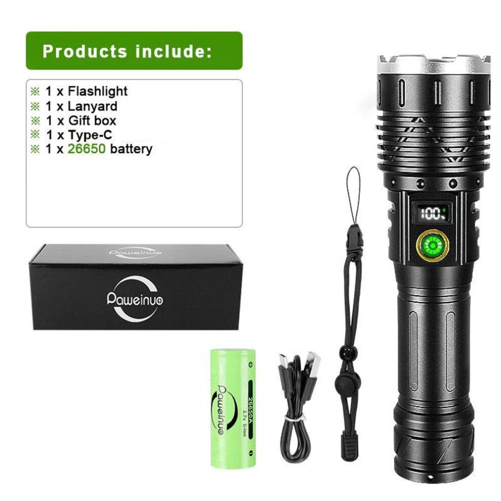 (black, a 26650 battery and a box) 800W LED High Power Flashlight Yellow And White Torch Rechargeable Zoom Flash Light Waterproof Lamp Outdoor Lantern