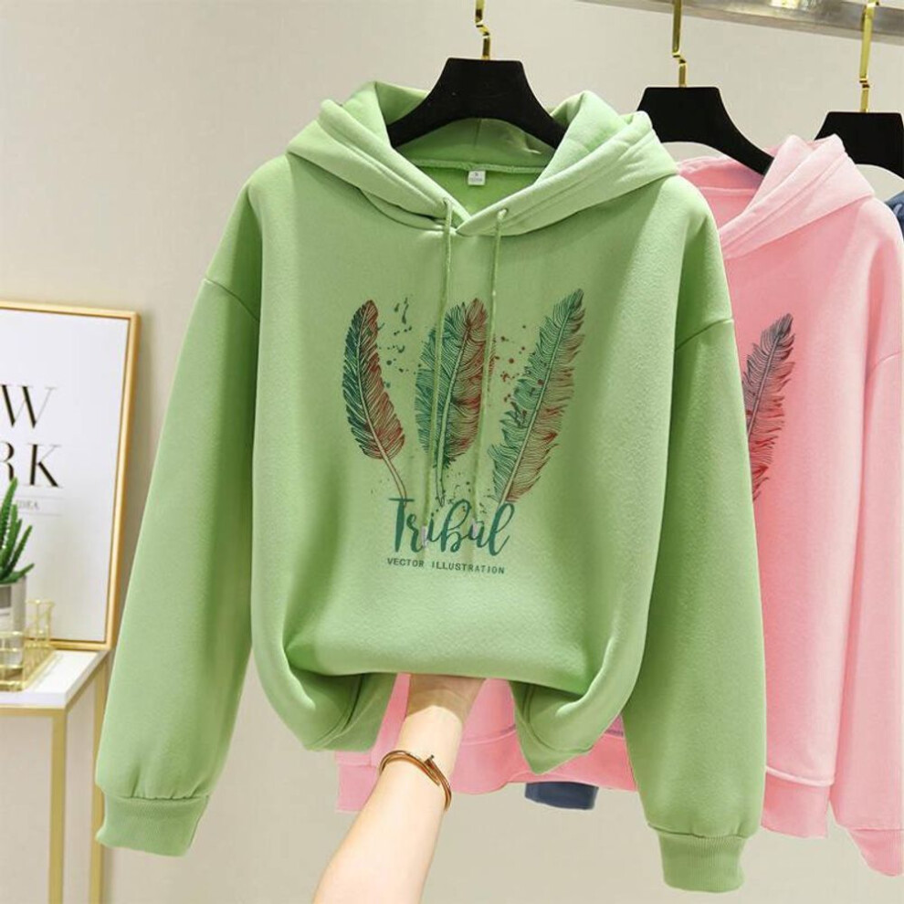 (XXXL, green) Women Fashion Feather Printed Hoodies Autumn Winter Plus Velvet Casual Loose Hoodie Sweatshirt
