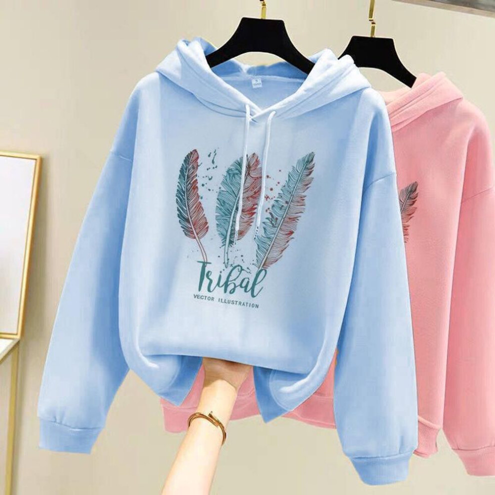 (L, blue) Women Fashion Feather Printed Hoodies Autumn Winter Plus Velvet Casual Loose Hoodie Sweatshirt