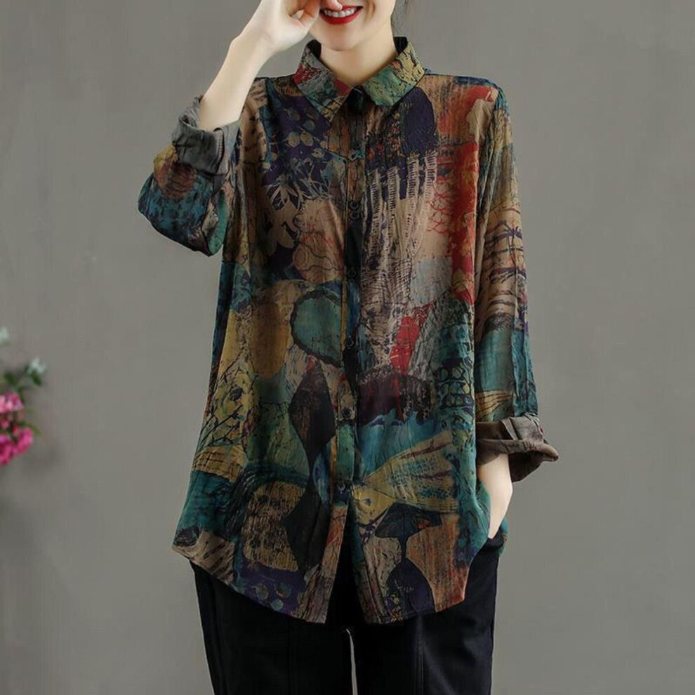 (XL, as the picture) Spring Retro Long Sleeved Blouse Artistic Retro Lapel Button Down Loose Slimming Shirt Top For Women