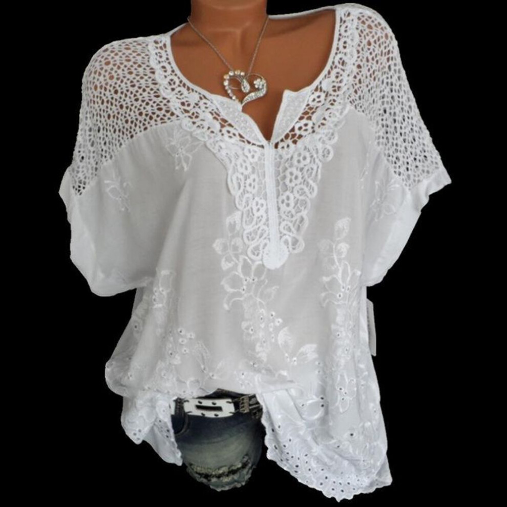 (XL, white) Fashionable Women&apos;s Blouse White Black Blue Lace Patchwork Tops V-neck Embroidered Short Sleeve Bat Shirt