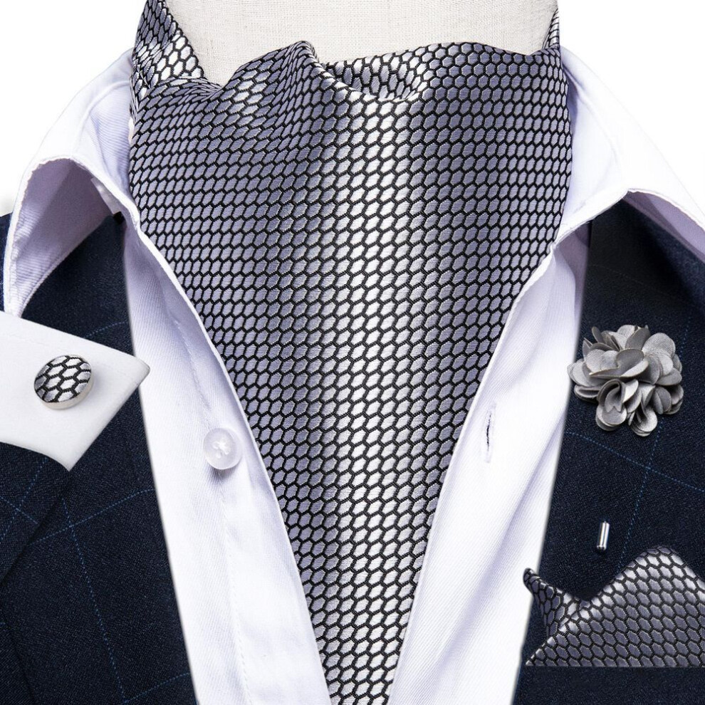 (as the picture, AS-2017) Vintage Ascot Tie For Men Grey Solid Color Cravat Tie Silk Hanky Cufflink Boutonniere Set For Party