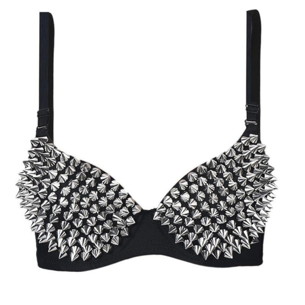 (silver, M) Gold/silver New Fetish Sexy Bra Party Dance Show  Rivet Metal Punk Bra Plot Role-playing Toys BDSM Toys Adult Games Sex Toys for Women