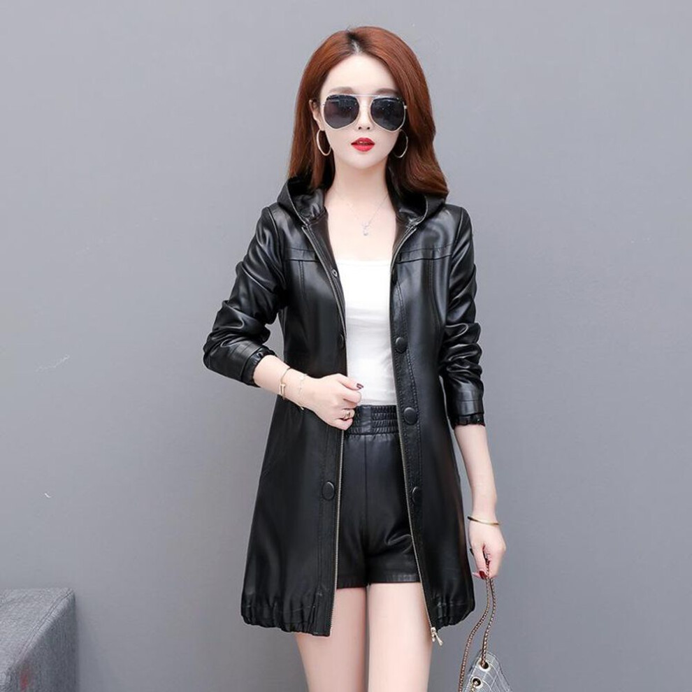 (as the picture, XXXXXL) Middle Aged Women&apos;s Mother&apos;s Clothing Sheepskin Leather Jacket With Loose Hooded Oversized Medium Length Leather Jacket