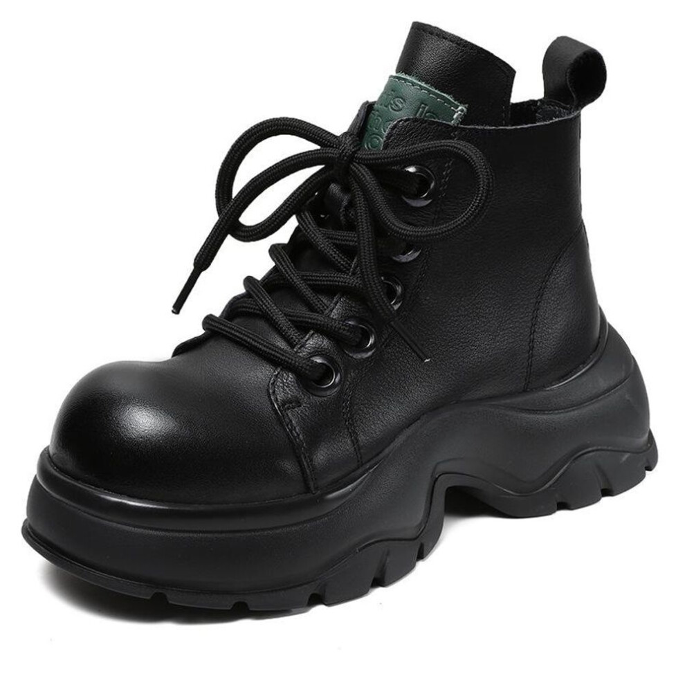 (black, 36) Johnature Genuine Leather Boots Women Round Toe Thick Heel Comfortable Platform Shoes Autumn Winter Short Boots