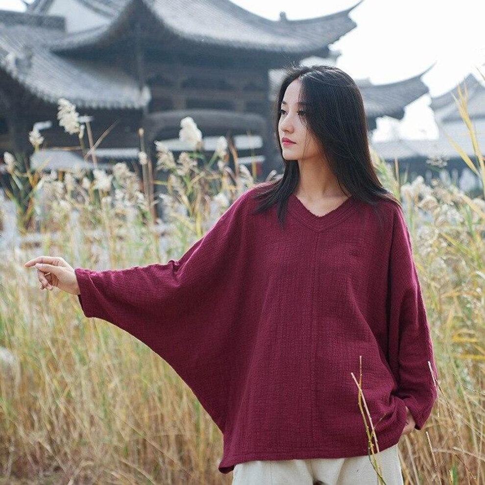 (One Size, wine red) Johnature Spring Autumn Bat Sleeve Shirts Vintage Women Cotton Linen V-neck Solid Color Plus Size Blouses