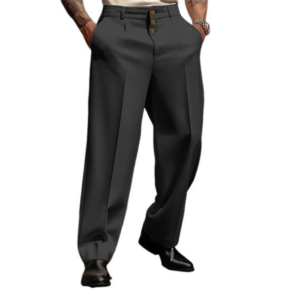 (black, 2XL) Men Suit Pants Straight Loose Solid Color Soft Pockets Mid Waist Button Closure Formal Business Style Men Long Office Trousers