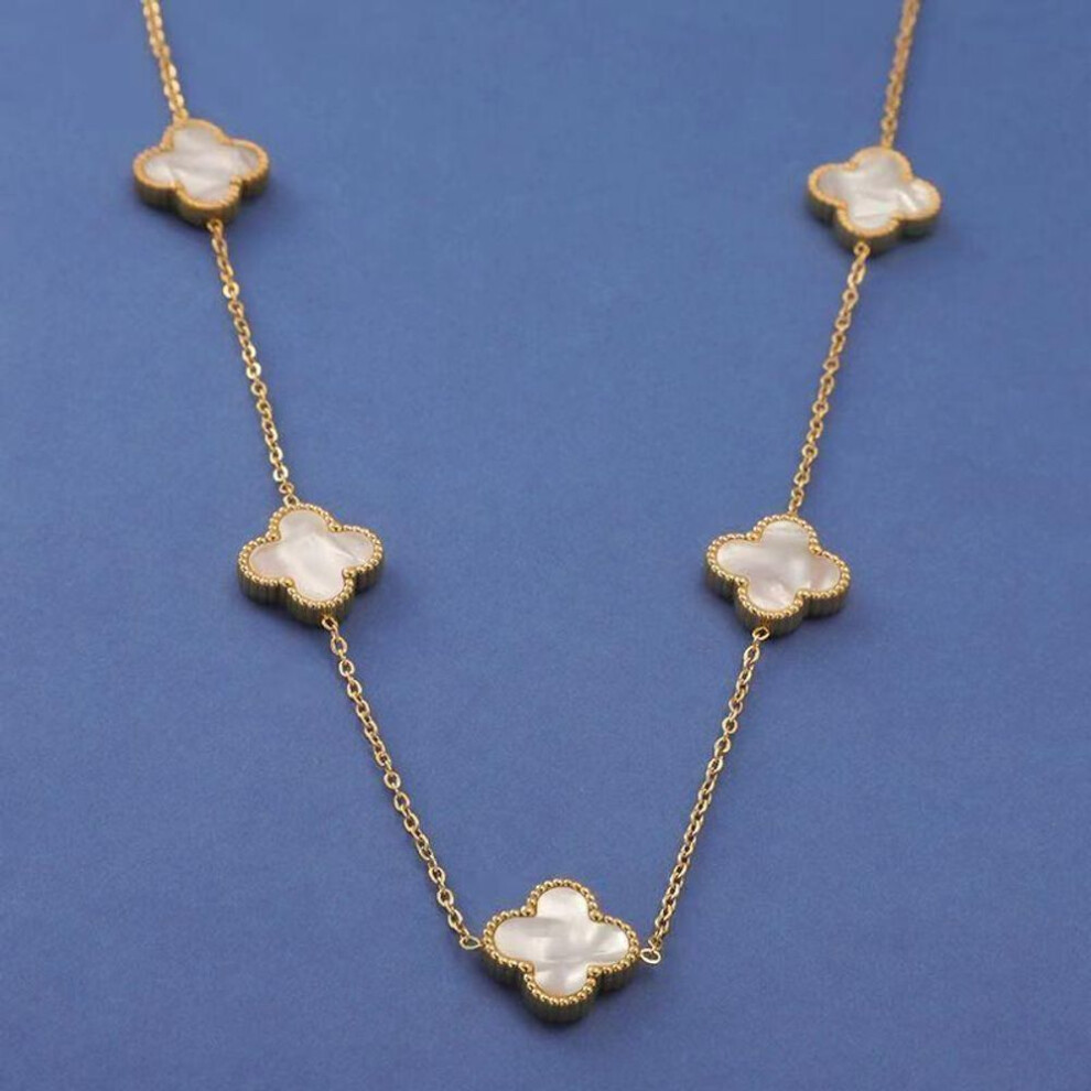 (White, Gold) Titanium Steel Colorless Four Leaf Grass Double Sided Fritillaria Five Flower Necklace Female Minority Collar Chain Necklace White,Gold