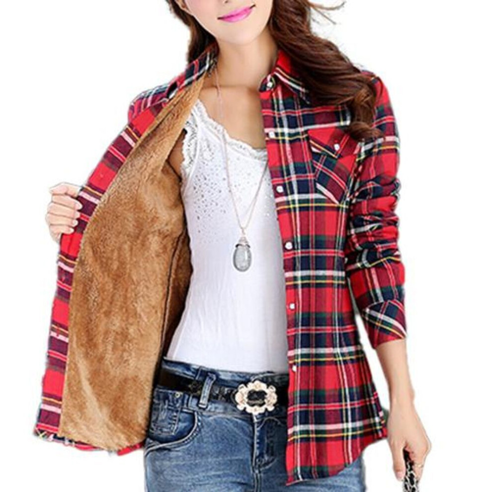 (5XL, yellow,red) Women Autumn Winter Plaid Print Shirt Coat Lapel Long Sleeve Pockets Single Breasted Jacket Thick Fleece Lining Casual Outerwear