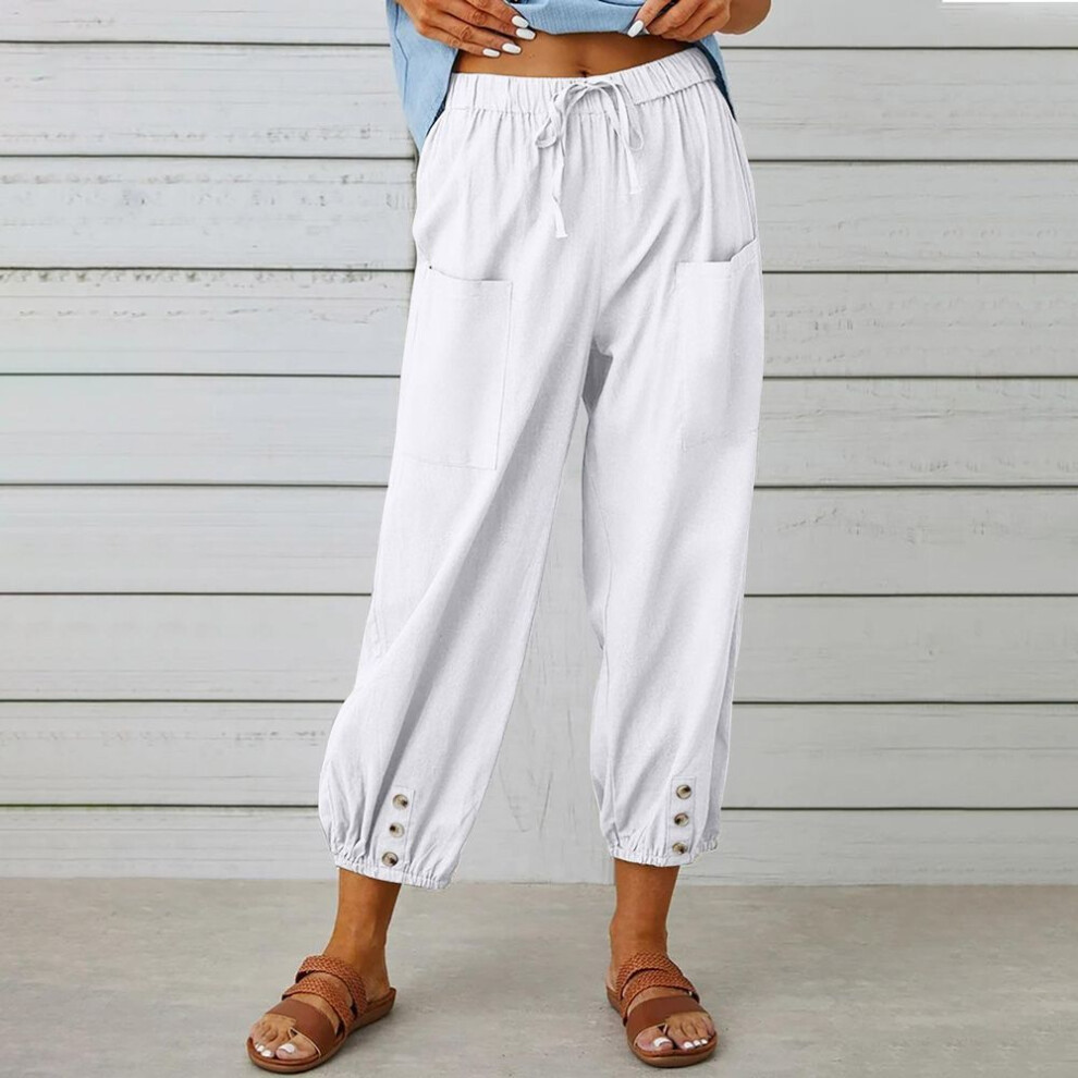 (white, XL) Women's Loose High Waist Cotton Linen Wide Leg Pants