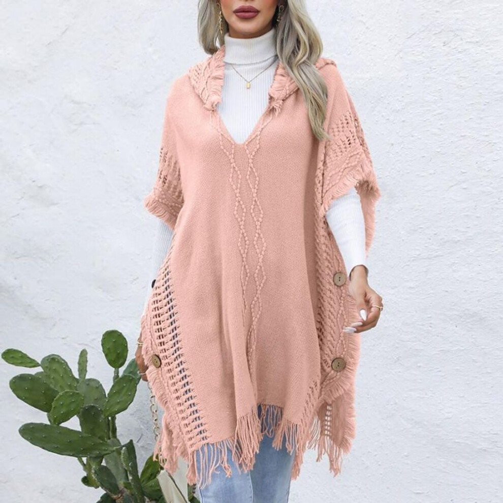 (pink, One size) Autumn and Winter Women&apos;s Vest Casual Loose V-neck with Hooded Pullover Shirt In The Long Section of The Sweater Vest Cape Coat Jacket