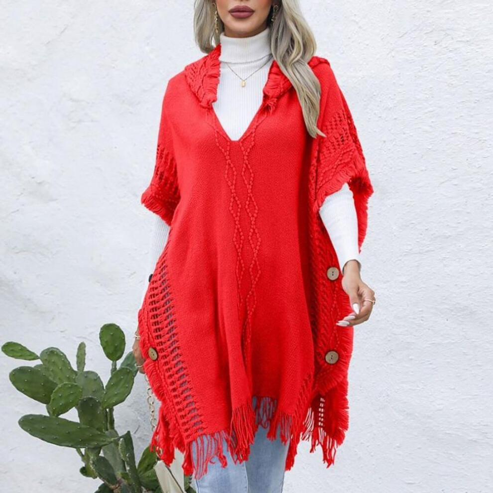 (red, One size) Autumn And Winter Women&apos;s Vest Casual Loose V-neck With Hooded Pullover Shirt In The Long Section Of The Sweater Vest Cape Coat Jacket