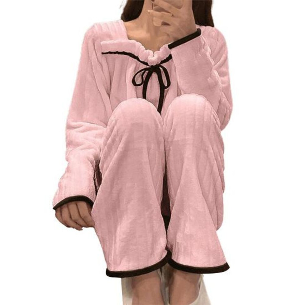 (M, pink) Nightie Set Contrast Color Keep Warm Two Piece Set Thick Pullover Women Nightie Set for Home