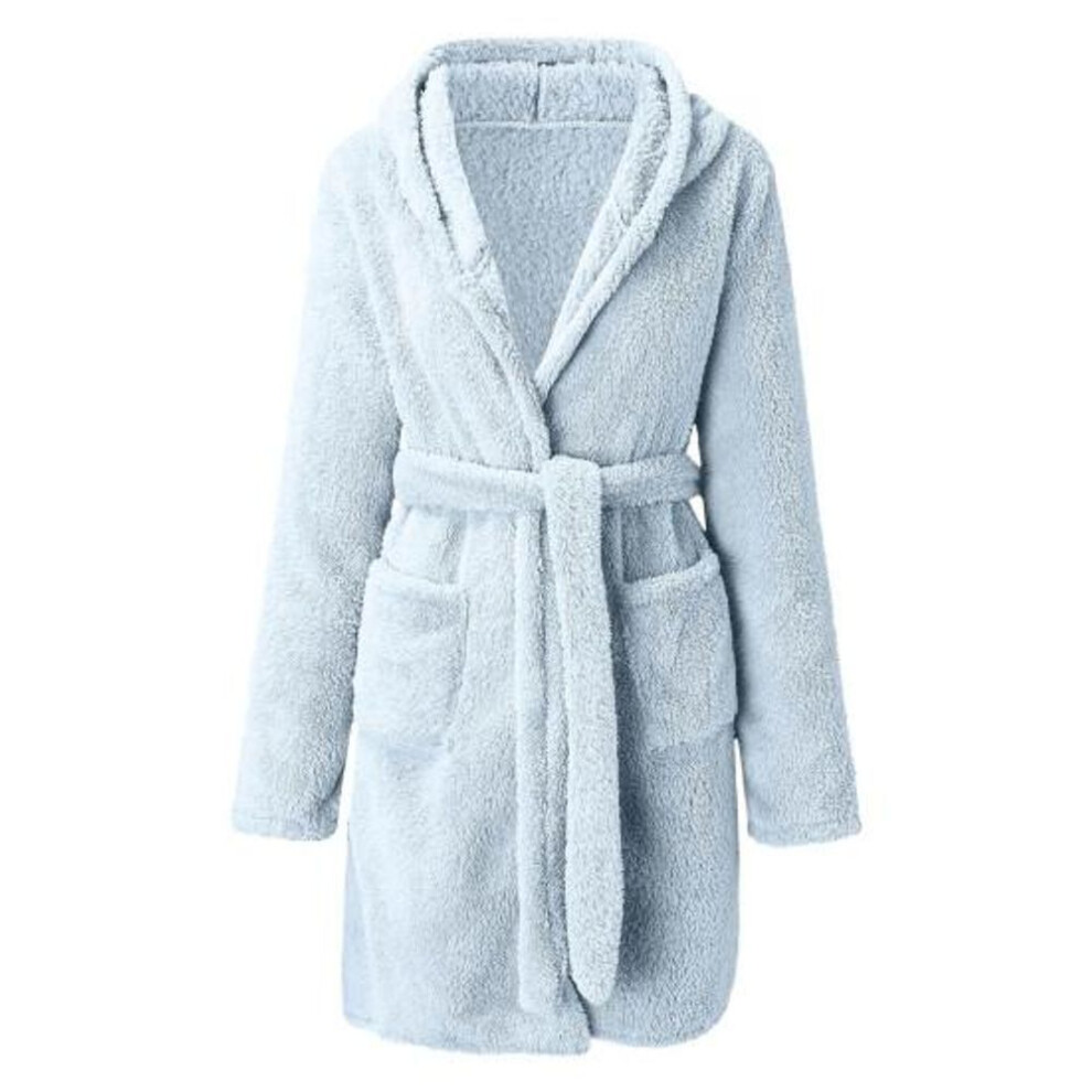 (M, sky blue) Lady Sleeping Gown Belt Cardigan Tight Waist Hat Comfortable Lace Up Winter Sleeping Gown For Bedroom