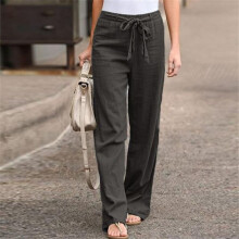(gray, L) Summer Elastic Waist Solid Color Wide Leg Pants Loose Pants Female