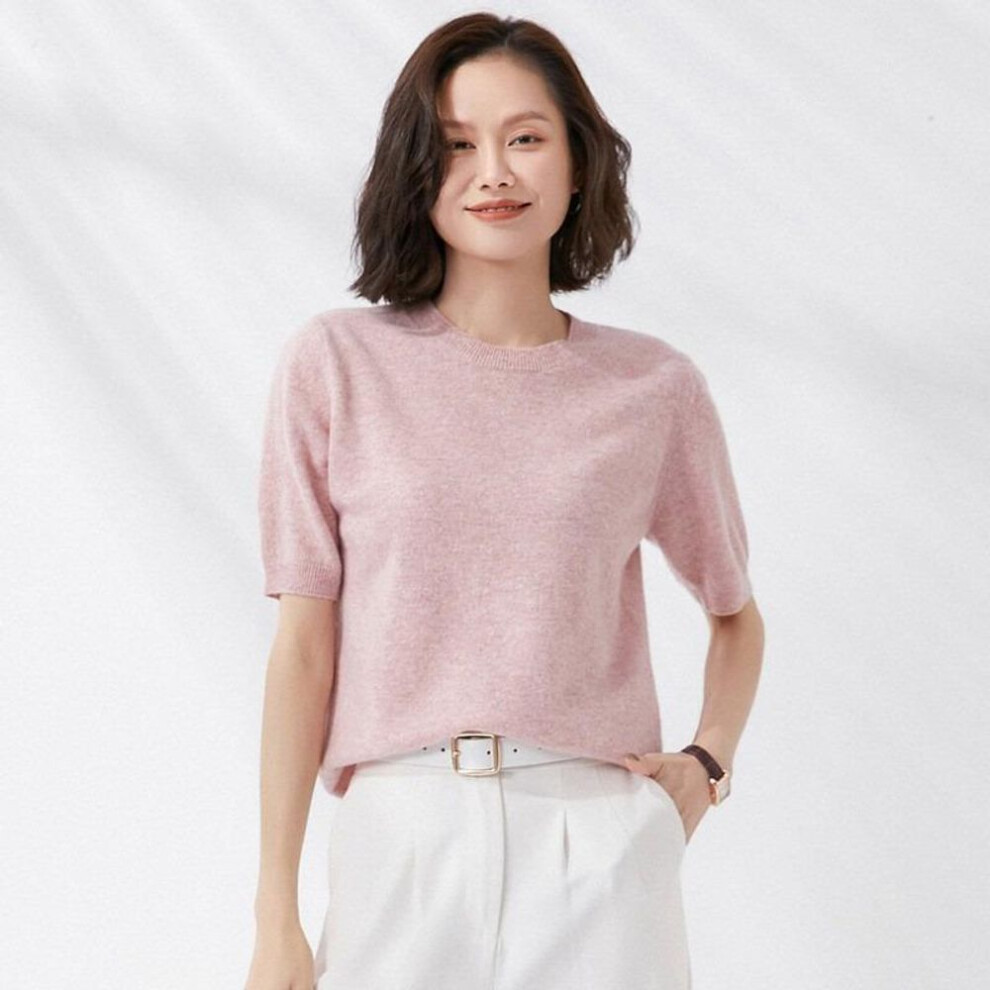 (XXL, pink) Spring and Autumn Women&apos;s T-shirt Knit Shirt Short-sleeved Round Neck Pullover Knitted Bottoming Shirt Half-sleeved Sweater