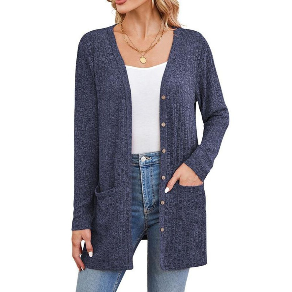 (XL, Sapphire blue) Autumn And Winter Women's Cardigan With Buttons Solid Color Comfortable Casual Loose Long Sleeve Pocket Cardigan Jacket