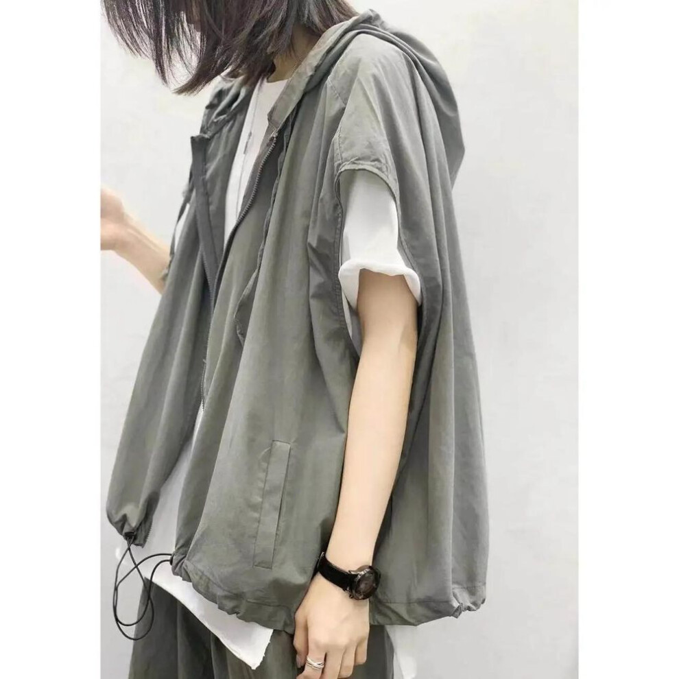(XL, grey) Vest Jacket Women Summer Fall Loose Large Size Retro Thin Black Grey Top Pocket Zip Up Hooded Coat