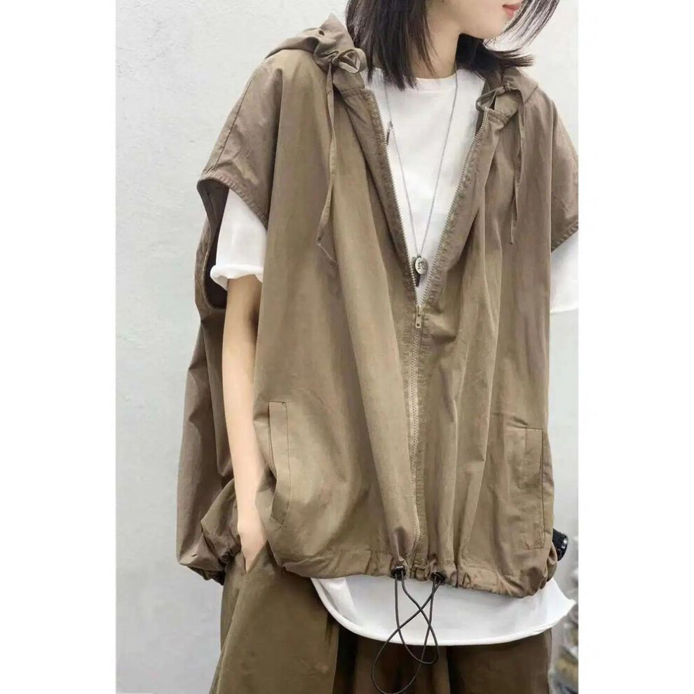 (XL, khaki) Vest Jacket Women Summer Fall Loose Large Size Retro Thin Black Grey Top Pocket Zip Up Hooded Coat