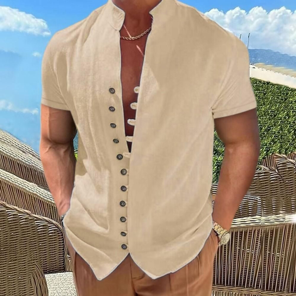 (khaki, XXXL) Summer Men&apos;s Cotton Linen Tops Vintage Button Up Stand Neck Short Sleeve Shirt Men White Black